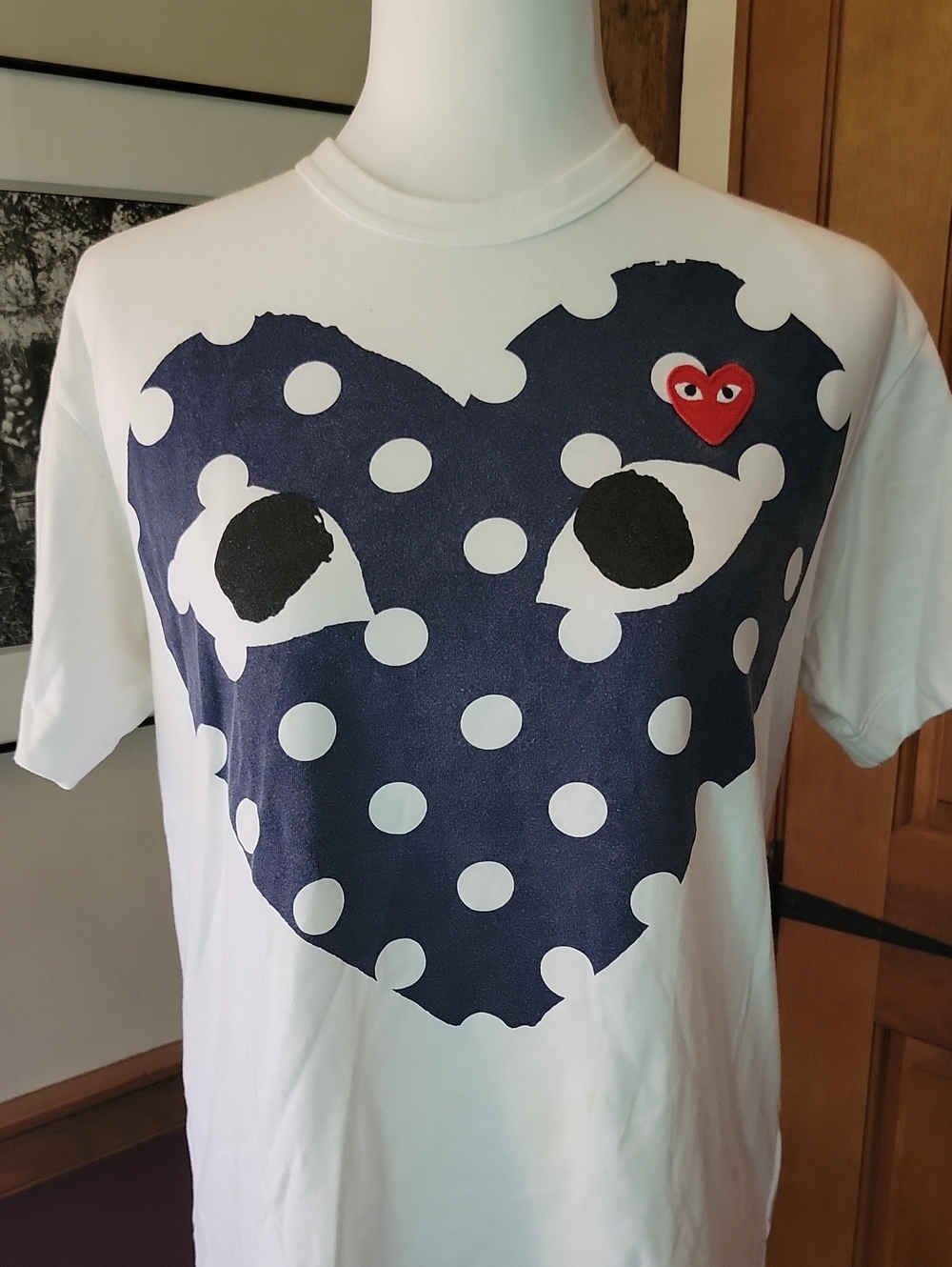 Comme Des Garcons Blue Polka Dot Heart Iconic Logo Graphic Tee